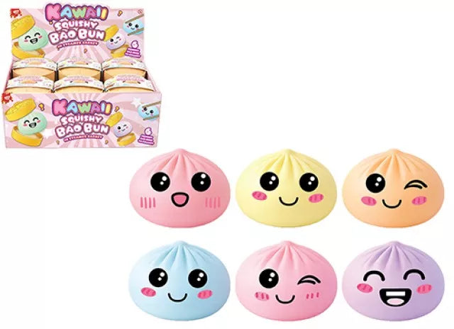 Set of 24 PMS International Kawaii Bao Bun toys in pastel colors, 5.5cm each, displayed in a basket.