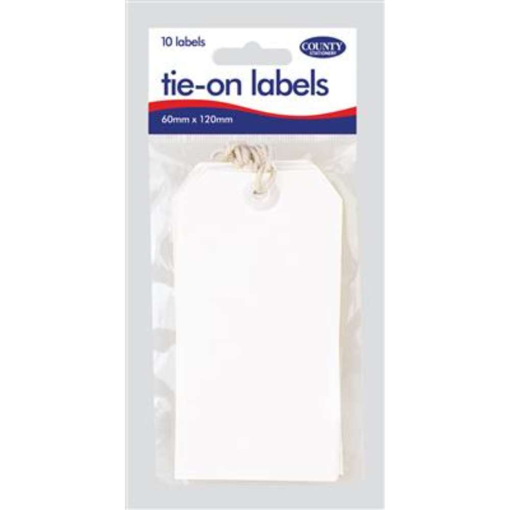 White tie-on labels measuring 6x11cm from County Stationery, shown in a close-up image ready for application.