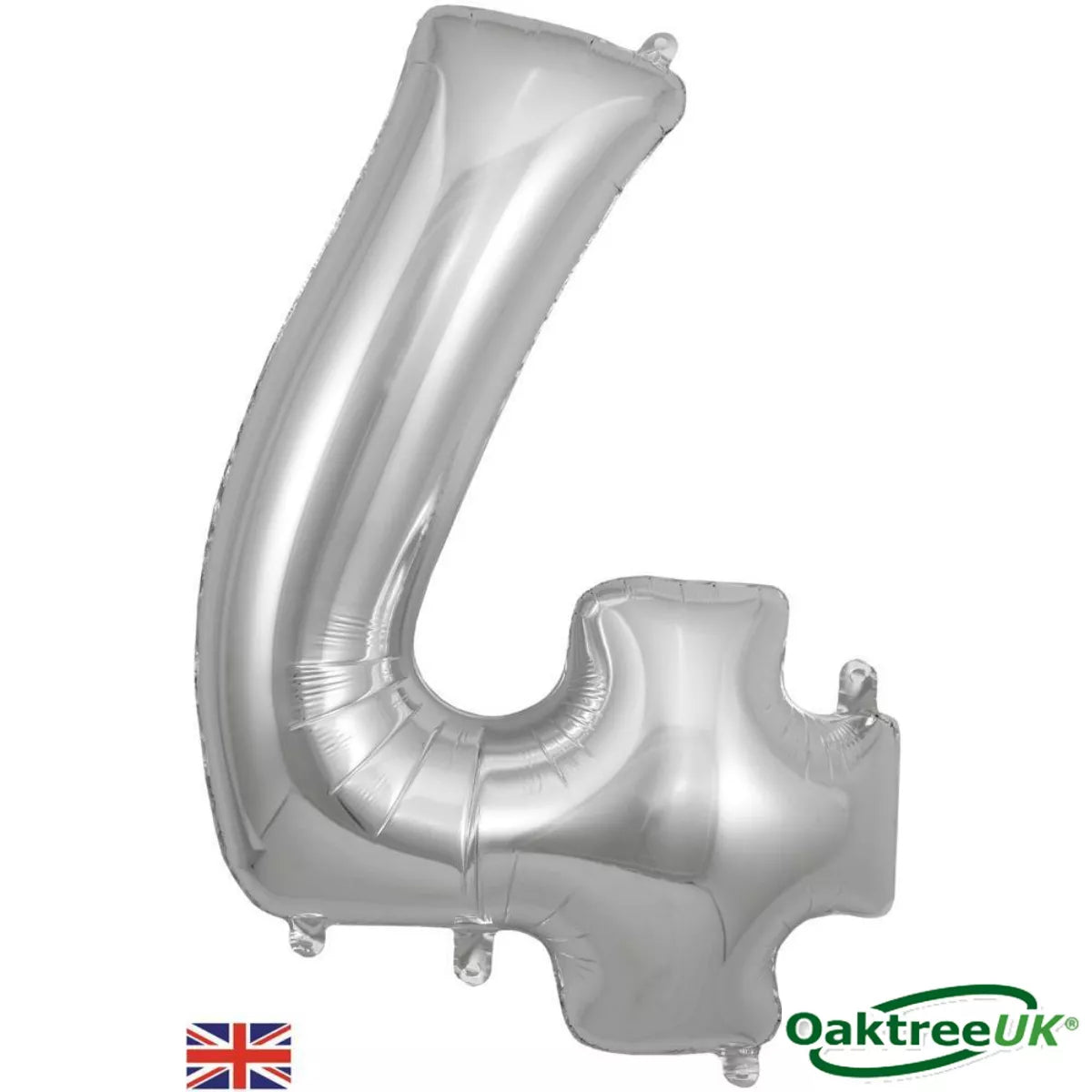 Silver Oaktree foil balloon in the shape of the number 4, measuring 34 inches tall, with shiny metallic finish.