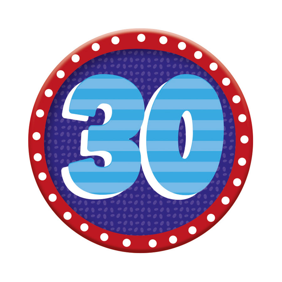 Six small Tiger Feet birthday badges displaying the number 30 in colorful designs for celebration accessories.