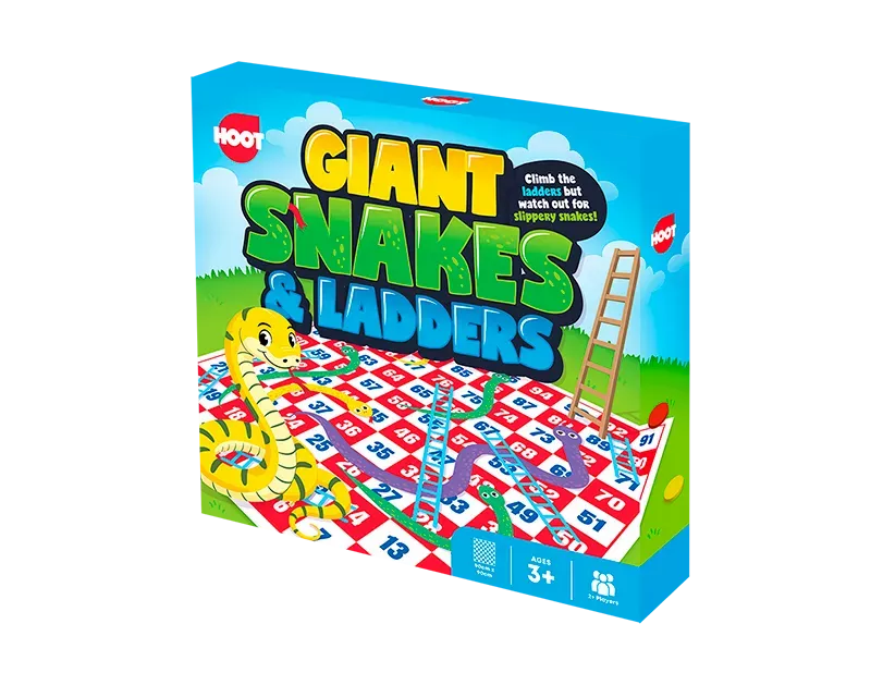 Colorful Giant Snakes & Ladders toy by Gem Imports, featuring a 90x90cm game board with vibrant snakes and ladders for kids.