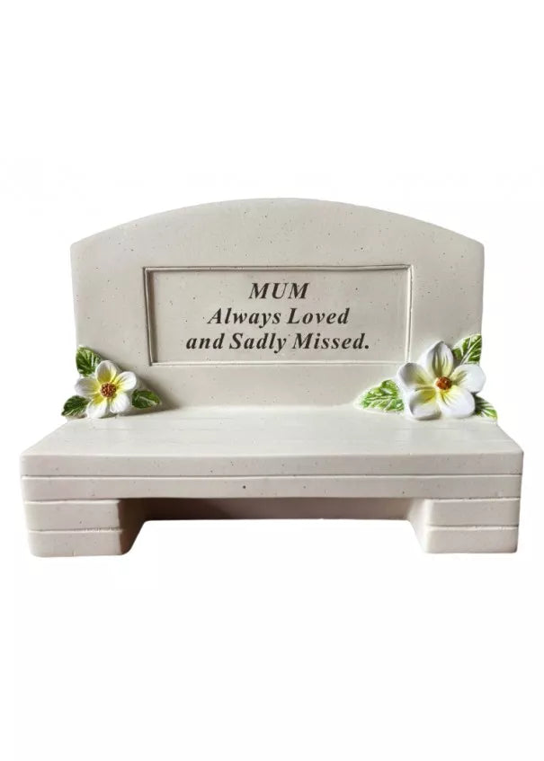 David Fischoff Memorial Bench Mum keepsake in a decorative container with a vibrant yellow flower and personalized memorial message.