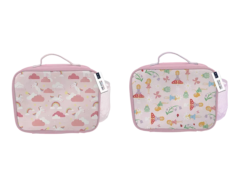 Colorful unicorn and fairy lunch bags by Gem Imports, 23x28x9cm, featuring vibrant fairy and unicorn designs on fabric.