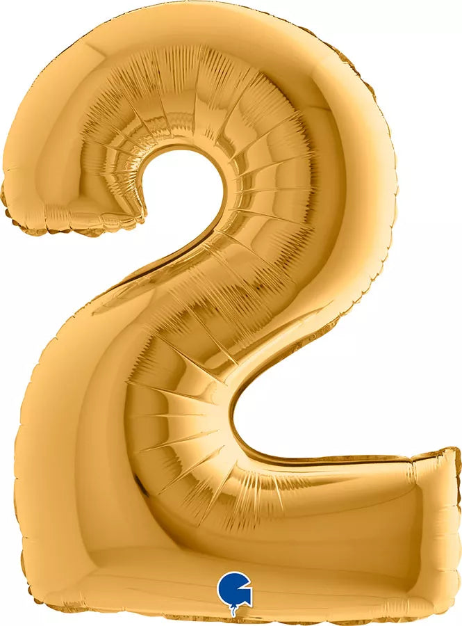 Gold Grabo foil balloon in the shape of the number 2, measuring 40 inches, with shiny reflective surface and bold design.