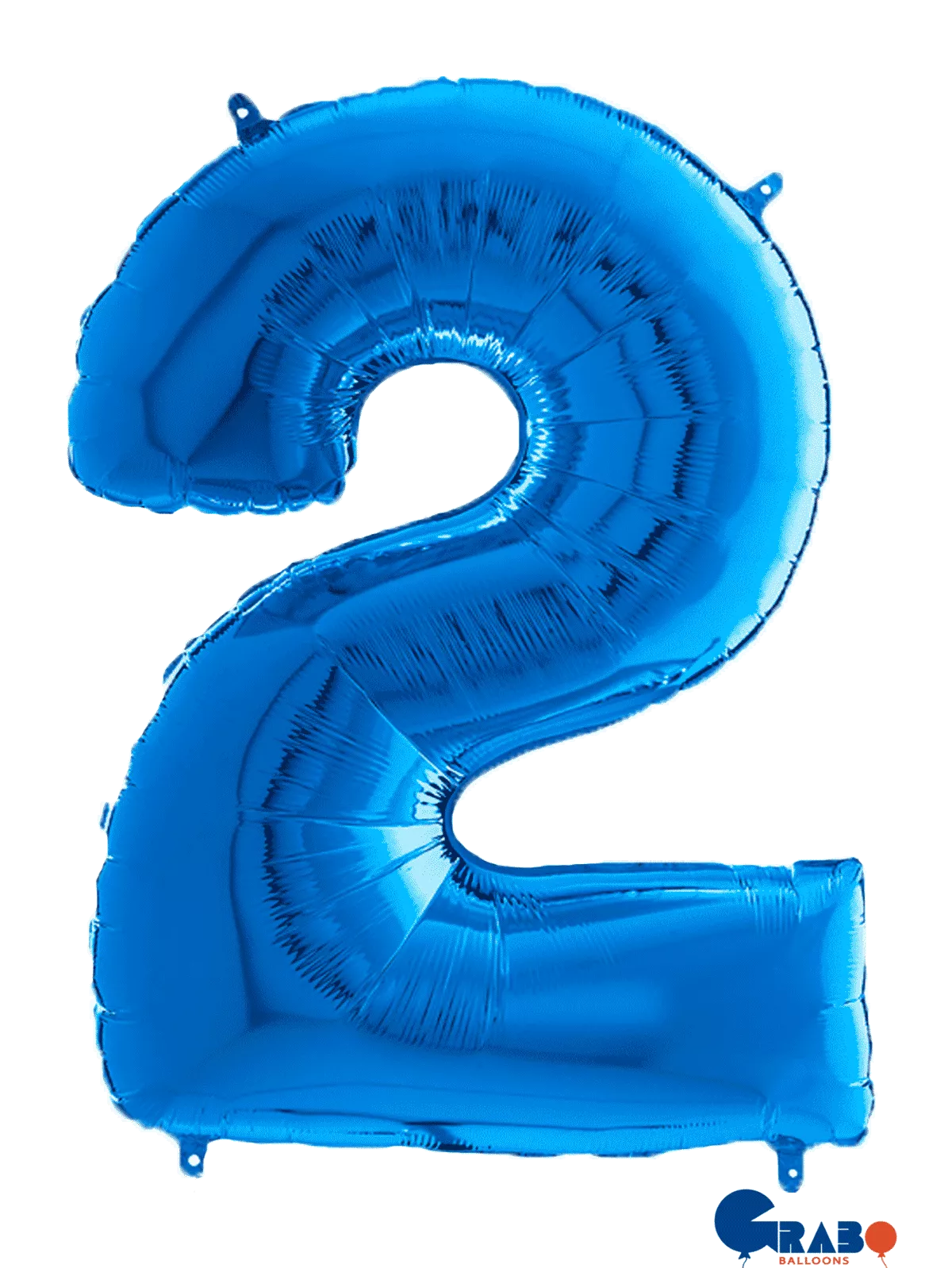 Blue 26-inch Grabo foil balloon shaped as the number 2, shiny metallic surface with reflective highlights.