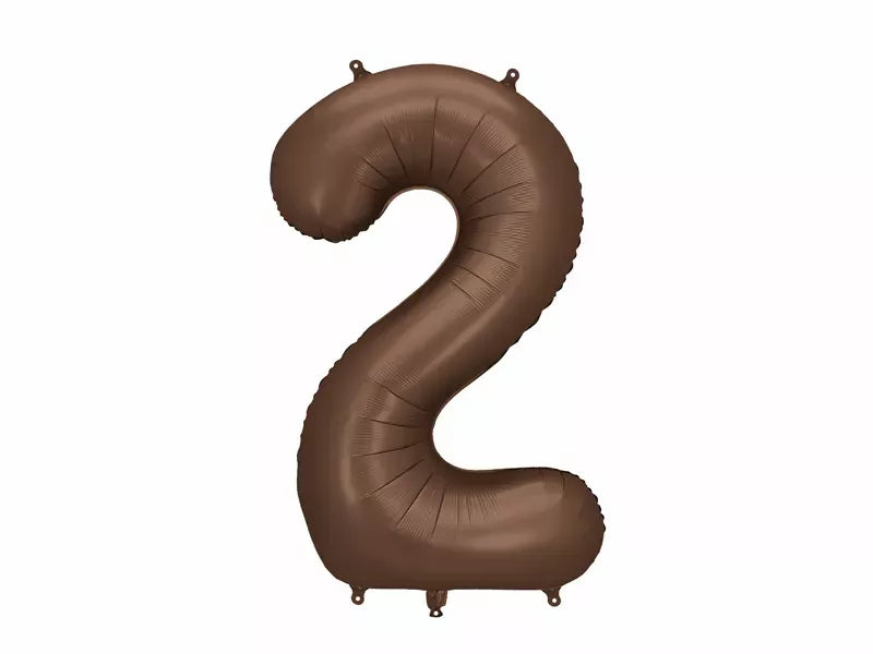 PartyDeco foil balloon in satin mocha color, shaped as the number 2, measuring 34 inches tall, perfect for celebrations.