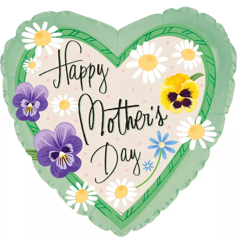 TRI foil balloon featuring colorful Mother's Day pansies design, measures 17 inches, ideal for celebration decorations