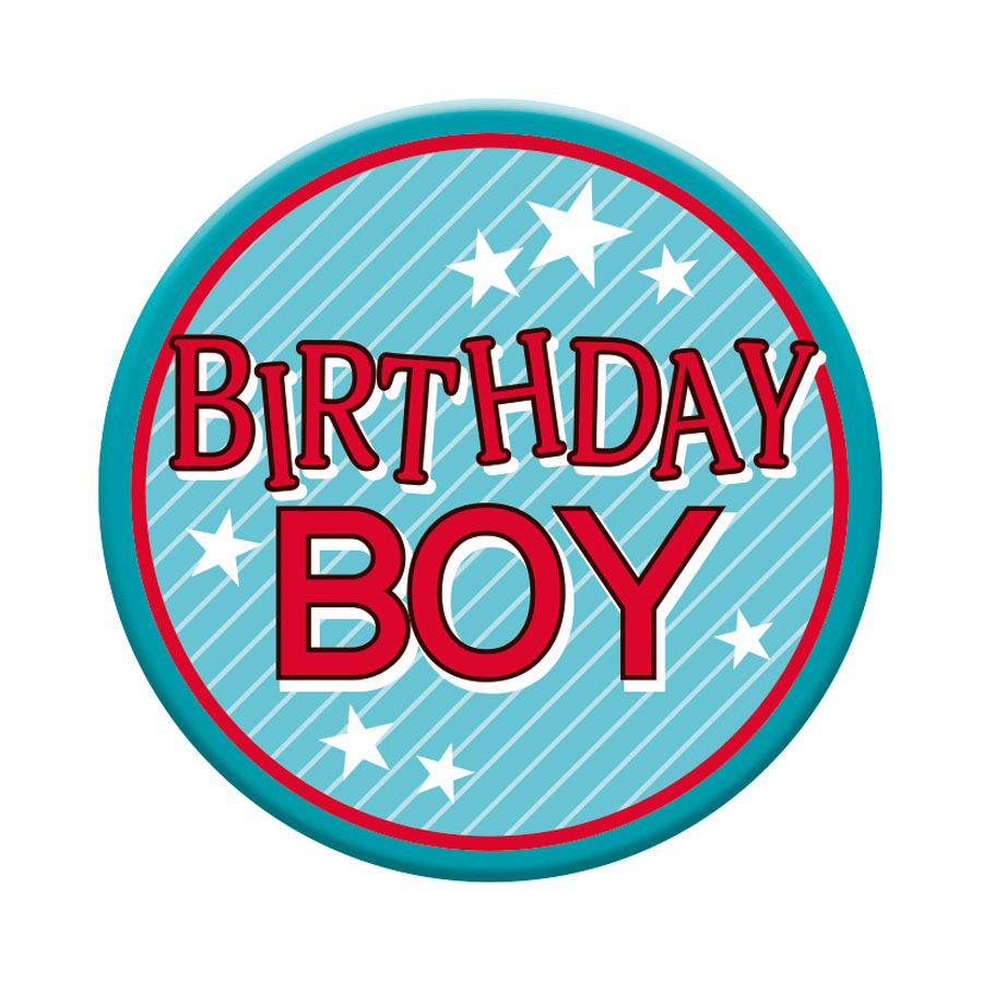 Six small birthday-themed badges by Tiger Feet, featuring open design with festive graphics for celebration or decoration.