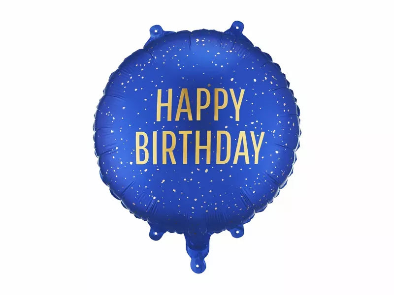 PartyDeco 14-inch navy foil balloon with "Happy Birthday" text, featuring shiny metallic finish and festive design.