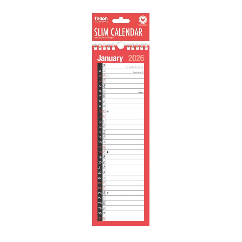 Tallon 12-pack calendar with red and black month-to-view pages, slim design for desk or wall display