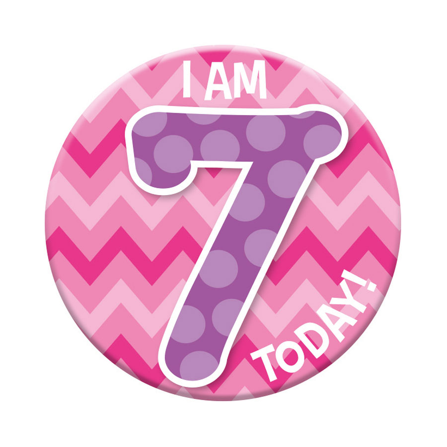 Six small birthday badges featuring age 7 from Tiger Feet, with colorful designs and numbers suitable for celebration accessories.