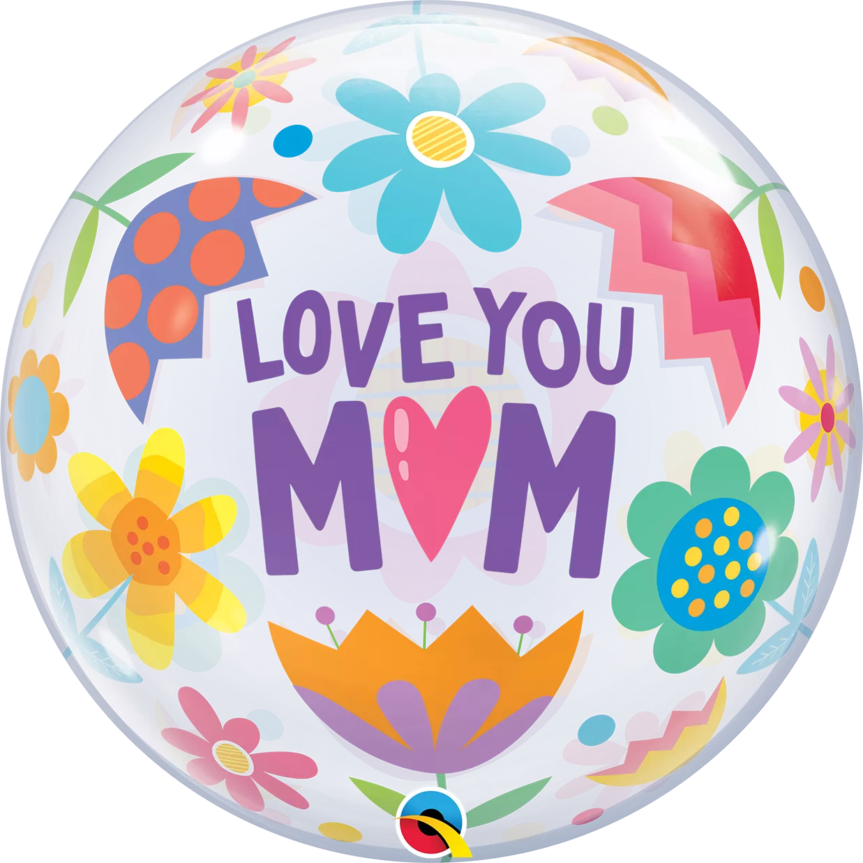 Qualatex Bubble Balloon with "Love You Mum" and floral design, 22-inch round helium balloon for special occasions.