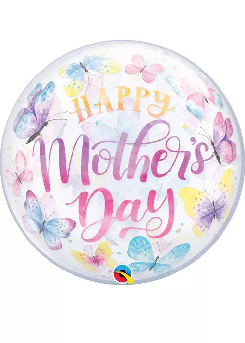 Qualatex Mother's Day Butterfly 22-inch bubble balloon with colorful butterfly design on a transparent background
