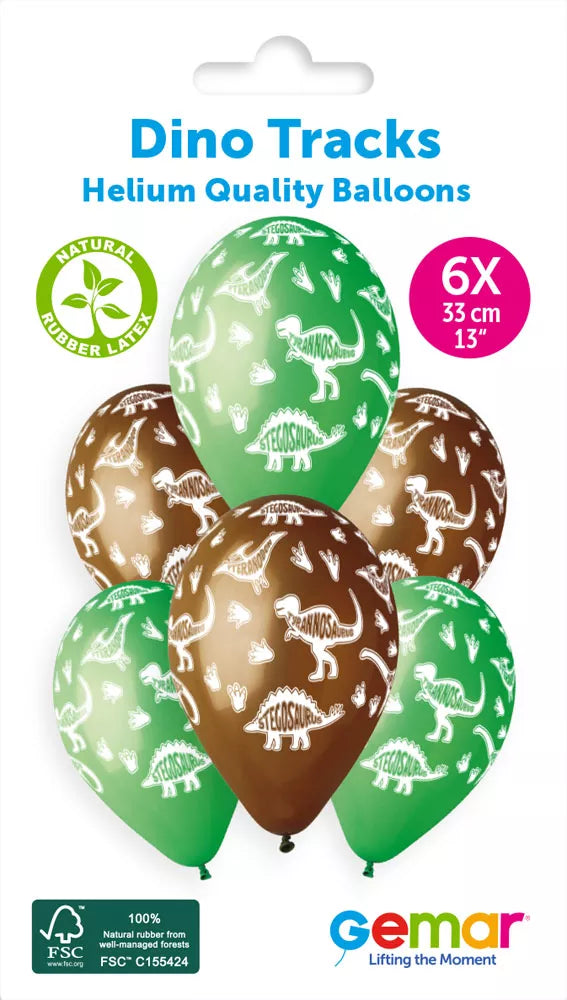 Six Gemar Dino Tracks 13-inch latex printed balloons featuring colorful dinosaur footprints on a white background.