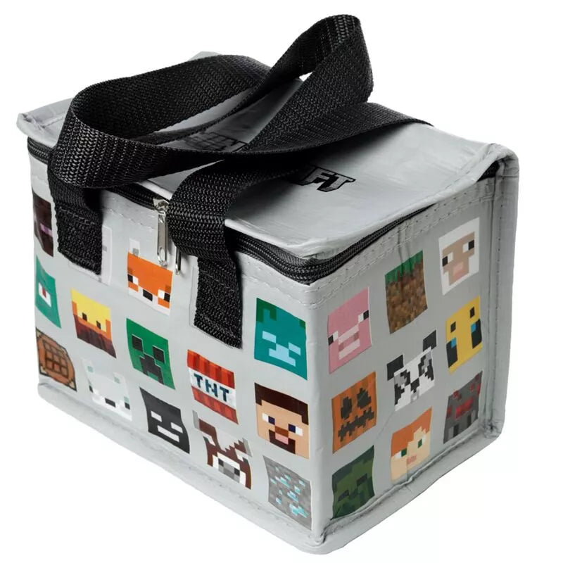 Puckator Cool Lunch Bag featuring Minecraft face designs, ideal for gifts, with colorful cartoon character images on insulated fabric.