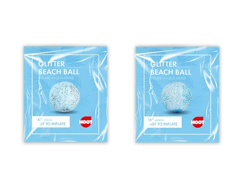 16-inch glitter inflatable ball toy by Gem Imports, colorful and shiny, with a smooth surface and vibrant glitter accents.