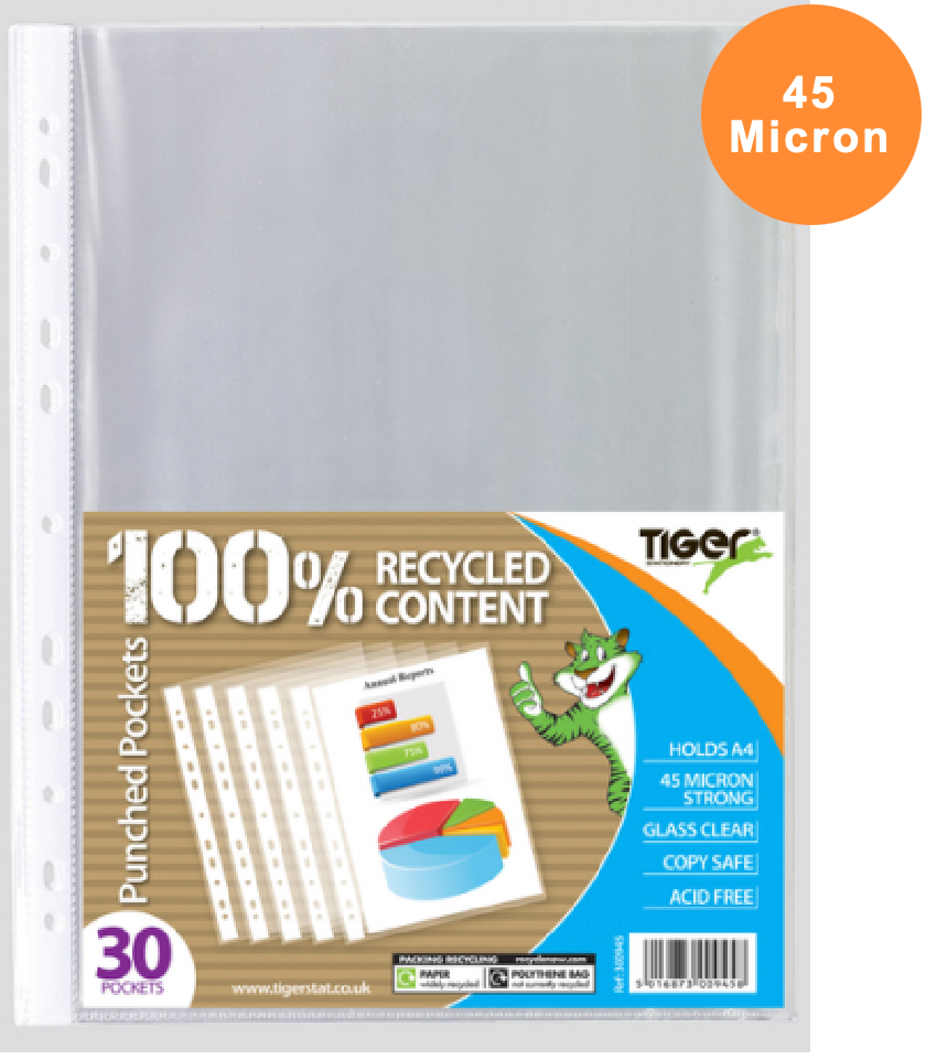 Tiger Stationery 30 Pack Punched Pockets A4