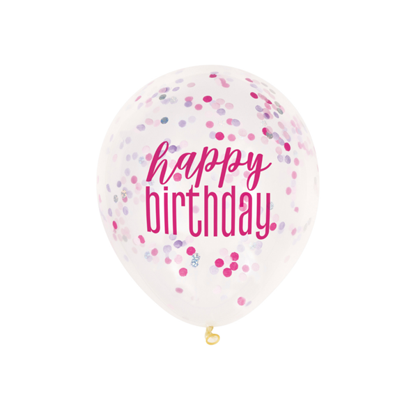 Unique Birthday Pink Confetti Latex Balloons 6pk
