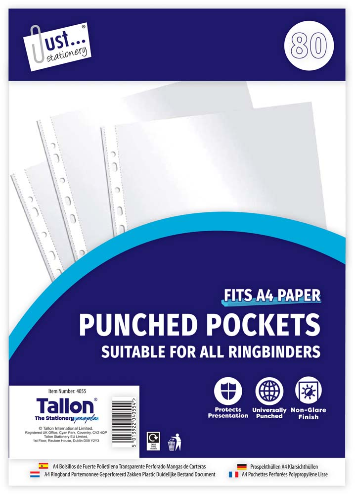 Clear Plastic A4 Punched Pockets 80pk
