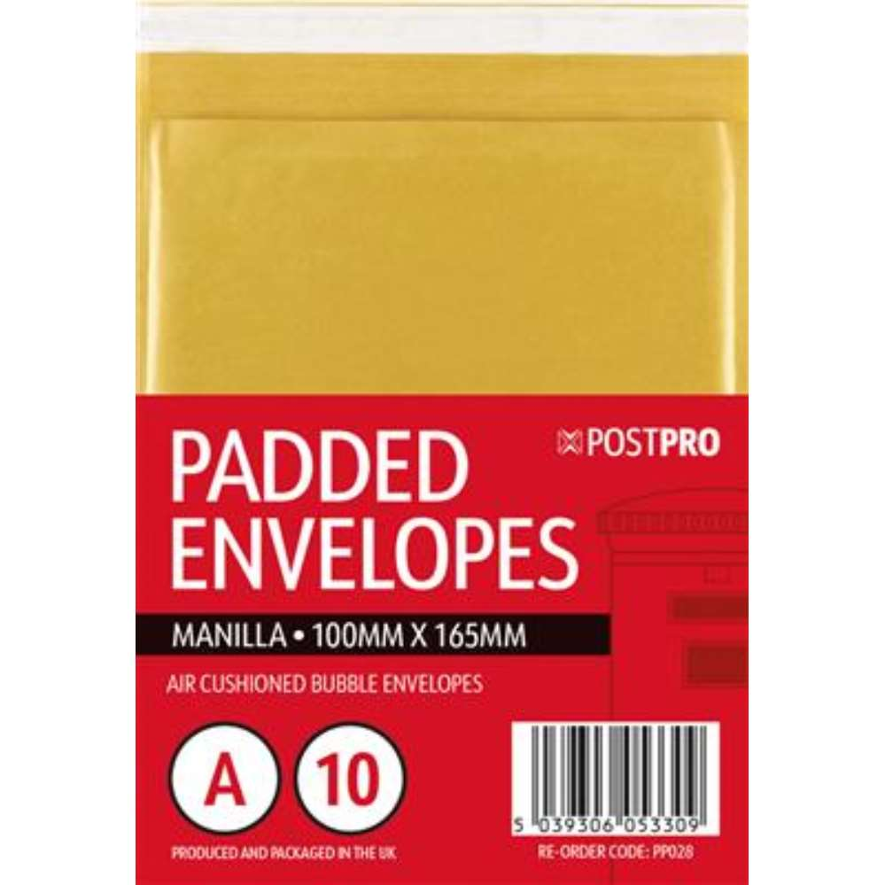 10pk Padded Envelopes Size A 100x165mm Manilla