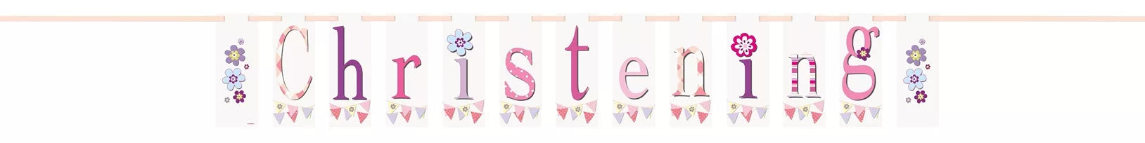Pink Christening bunting by Unique, 7-foot long fabric banner with pink triangular flags for celebration or special occasions.