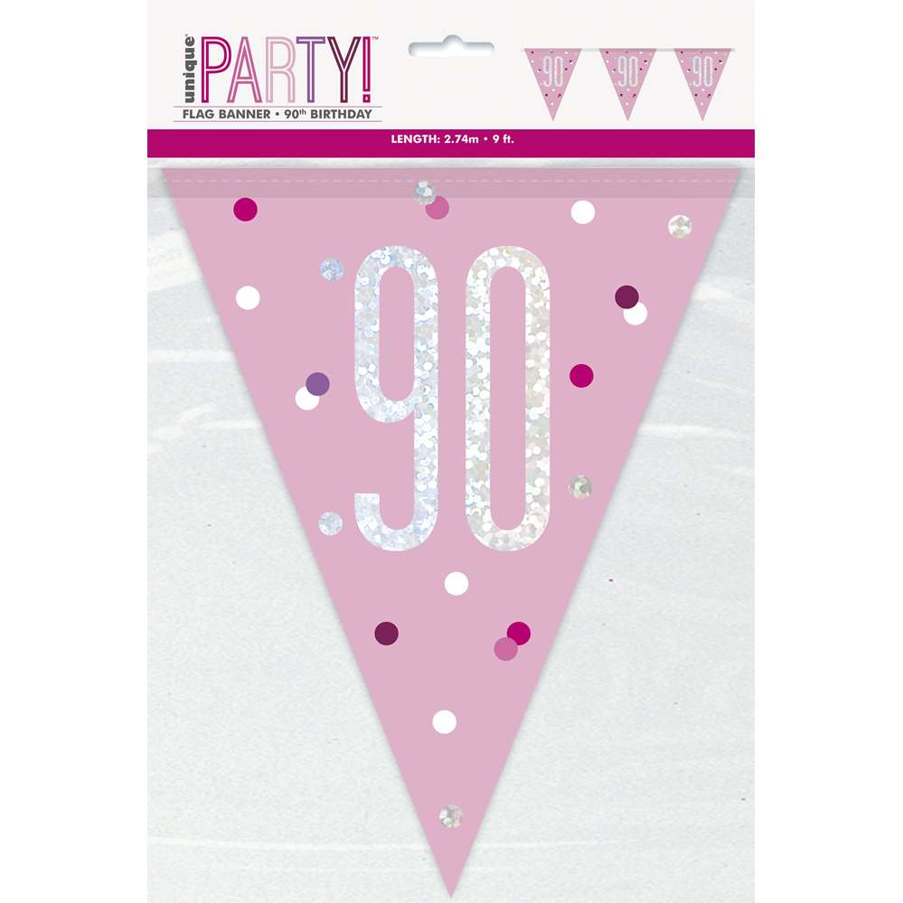 Pink glitz flag banner for 90th birthday celebration, 9ft long, by Unique, featuring sparkling decorative flags for festive decor.