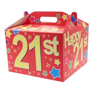 APAC 21st birthday balloon box with carry handle, featuring colorful balloons and decorative design for celebration.