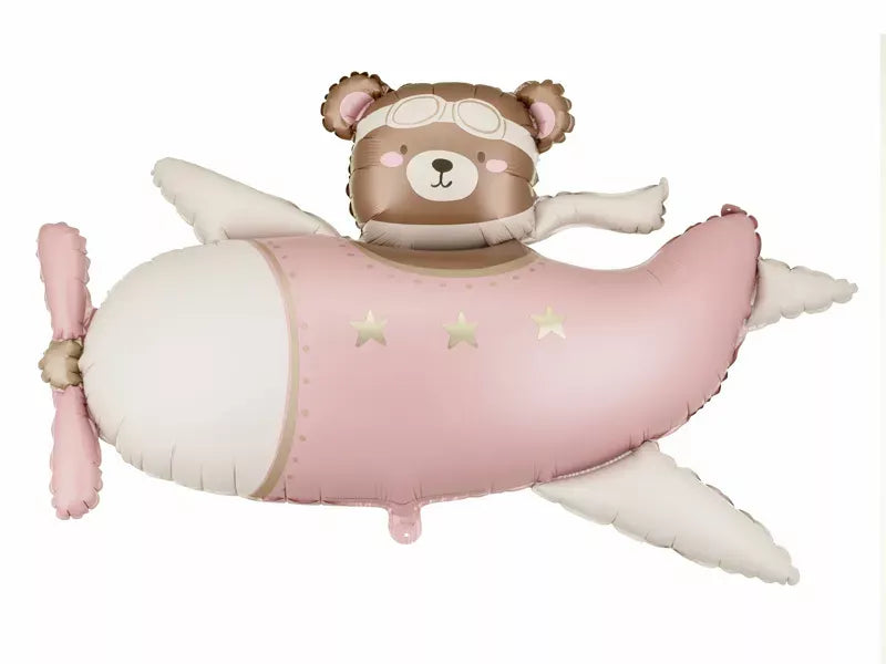 PartyDeco foil balloon featuring a bear in an airplane, 37-inch air-filled foil balloon for celebrations and parties.