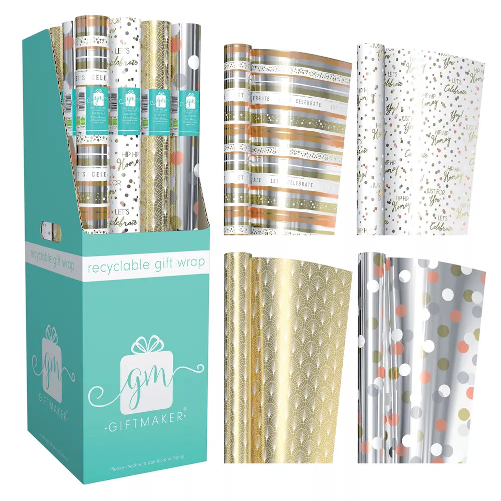 Rollwrap Celebrations foil in 1.5M length, 36-pack by IG Design Group, featuring colorful, festive wrapping paper rolls.