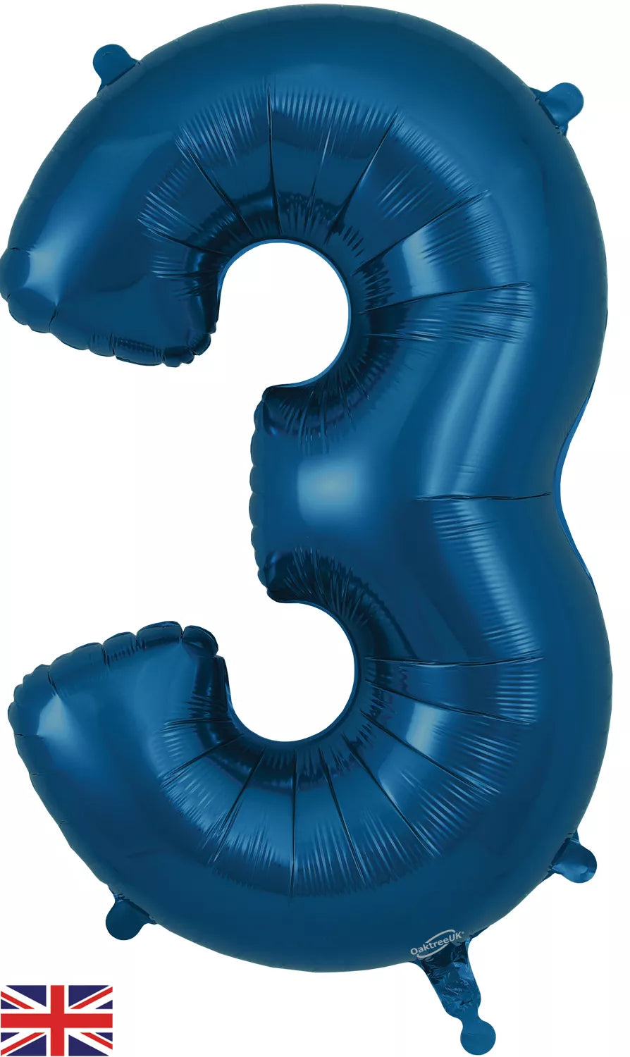 Oaktree navy blue foil balloon shaped as the number 3, 34 inches tall, with shiny metallic finish.