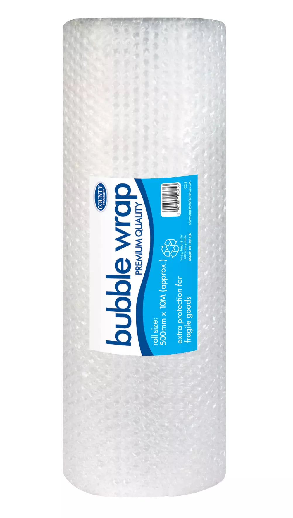 County Stationery bubble wrap roll, 50cm x 10m, with clear plastic bubbles for cushioning and protecting fragile items.