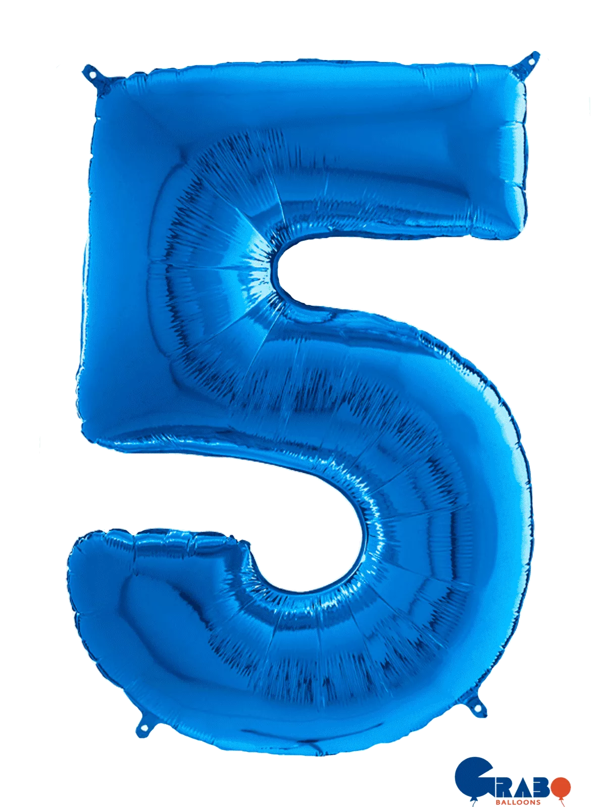 Blue 26-inch Grabo foil balloon shaped as the number 5, shiny metallic surface, floating against a plain background.