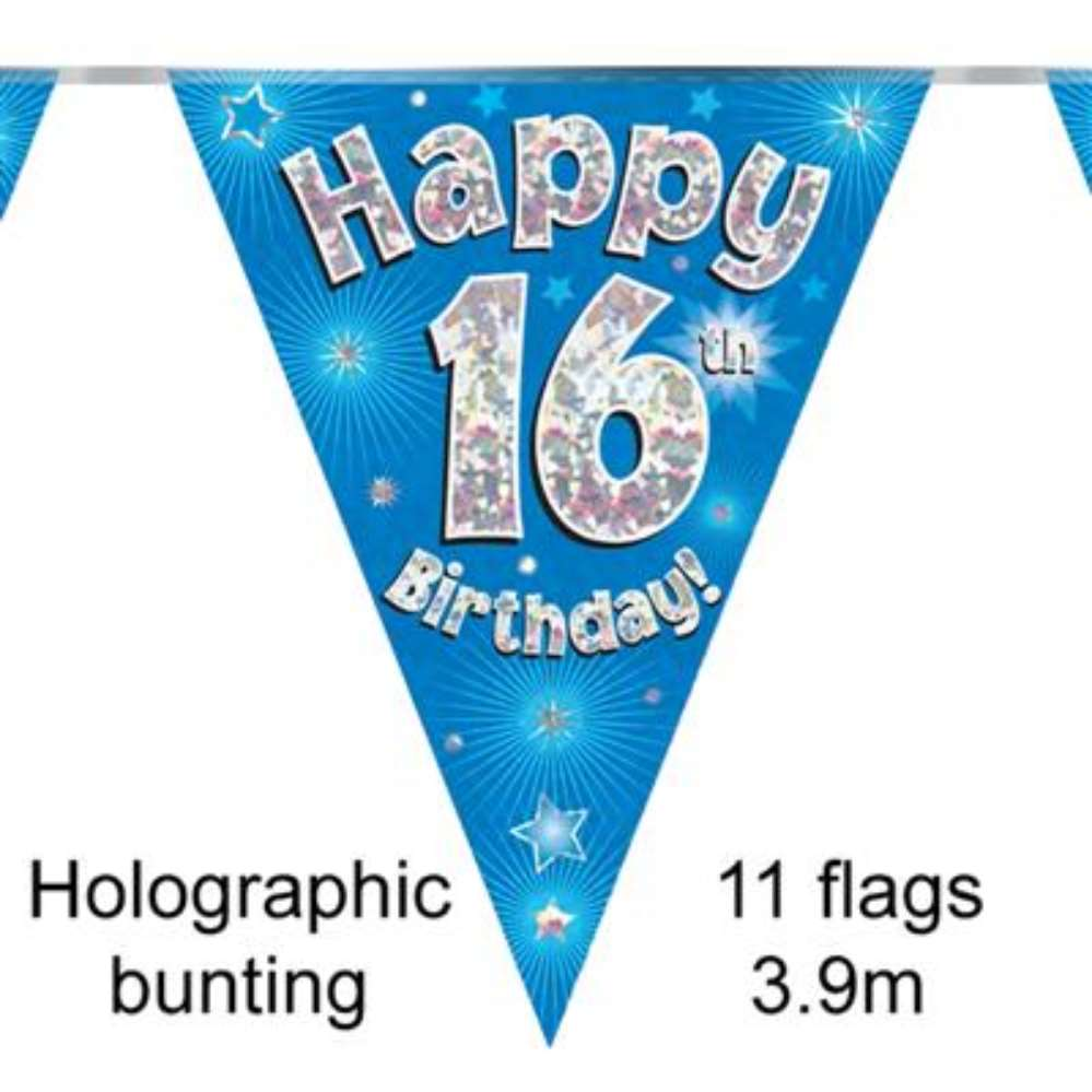 Bunting 11 Flags Blue Holographic Birthday Age 16