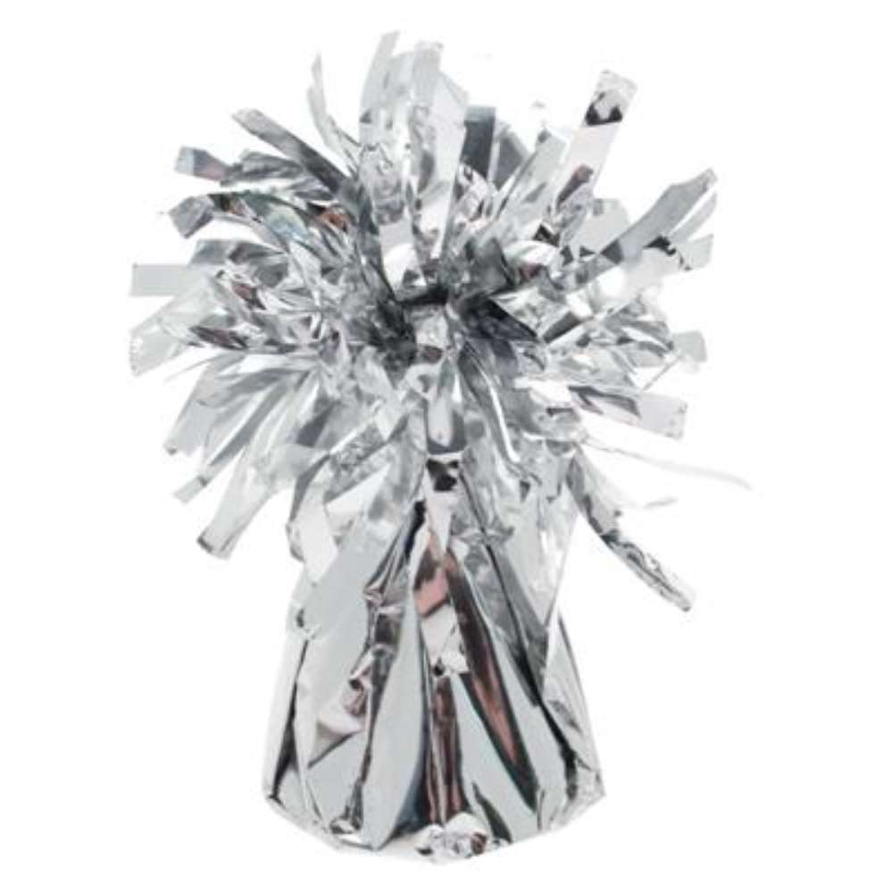 Silver APAC Tassel Balloon Weight with decorative tassels for securing helium or air balloons at events.