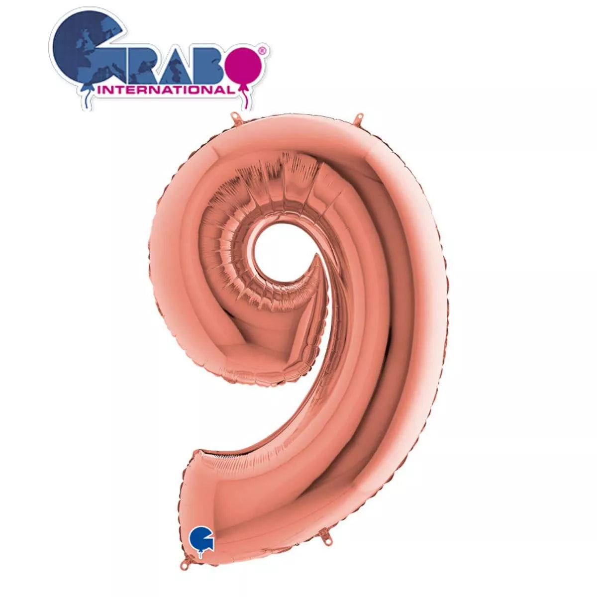 Rose gold foil balloon in the shape of the number 9, 40 inches tall, by Grabo, perfect for celebrations and special occasions.