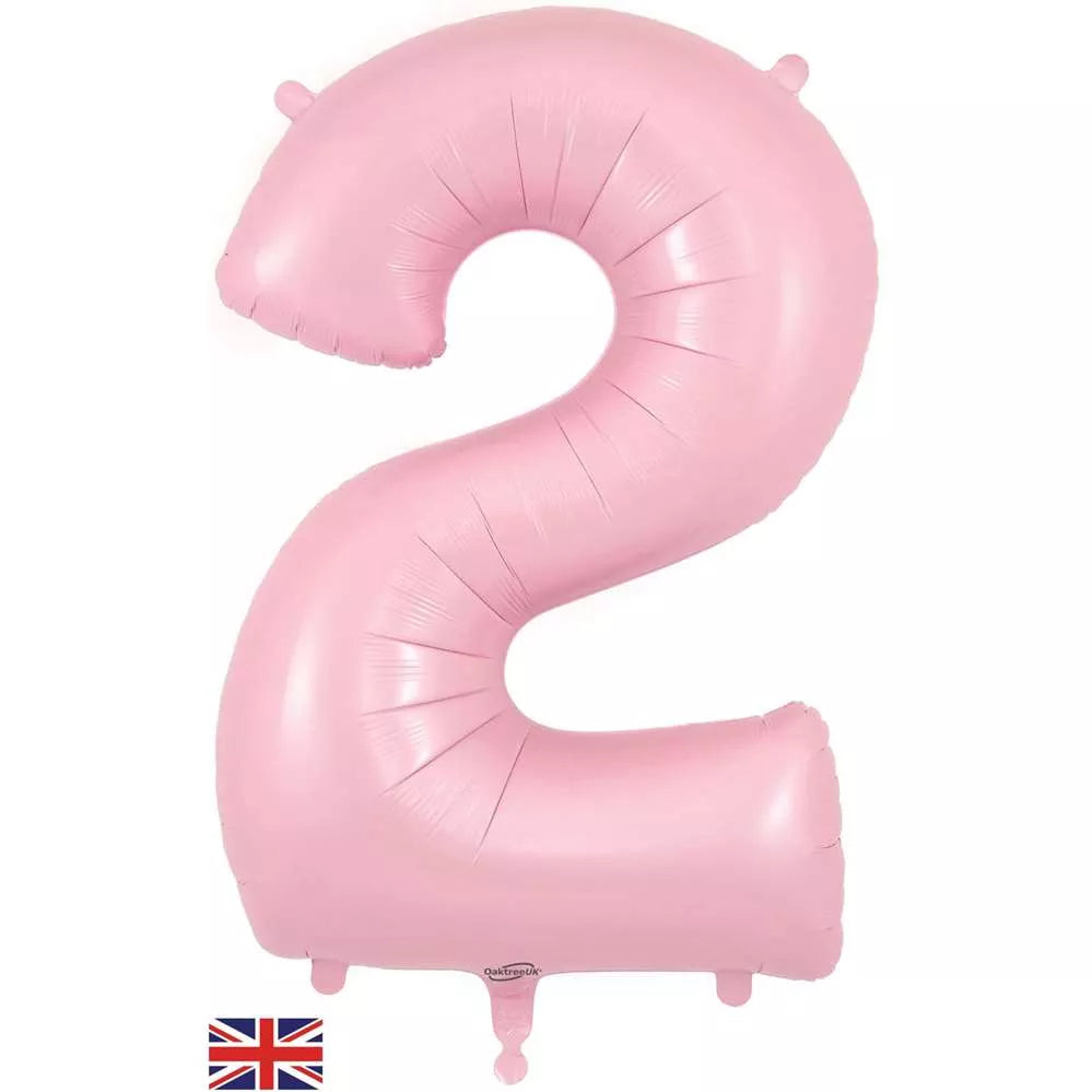 Oaktree 34-inch matte pink foil number 2 balloon, festive decoration, shiny surface, designed for celebrations and parties.