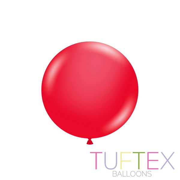 Tuftex standard red latex balloons, 17-inch size, arranged in a 50-pack for decorating occasions.