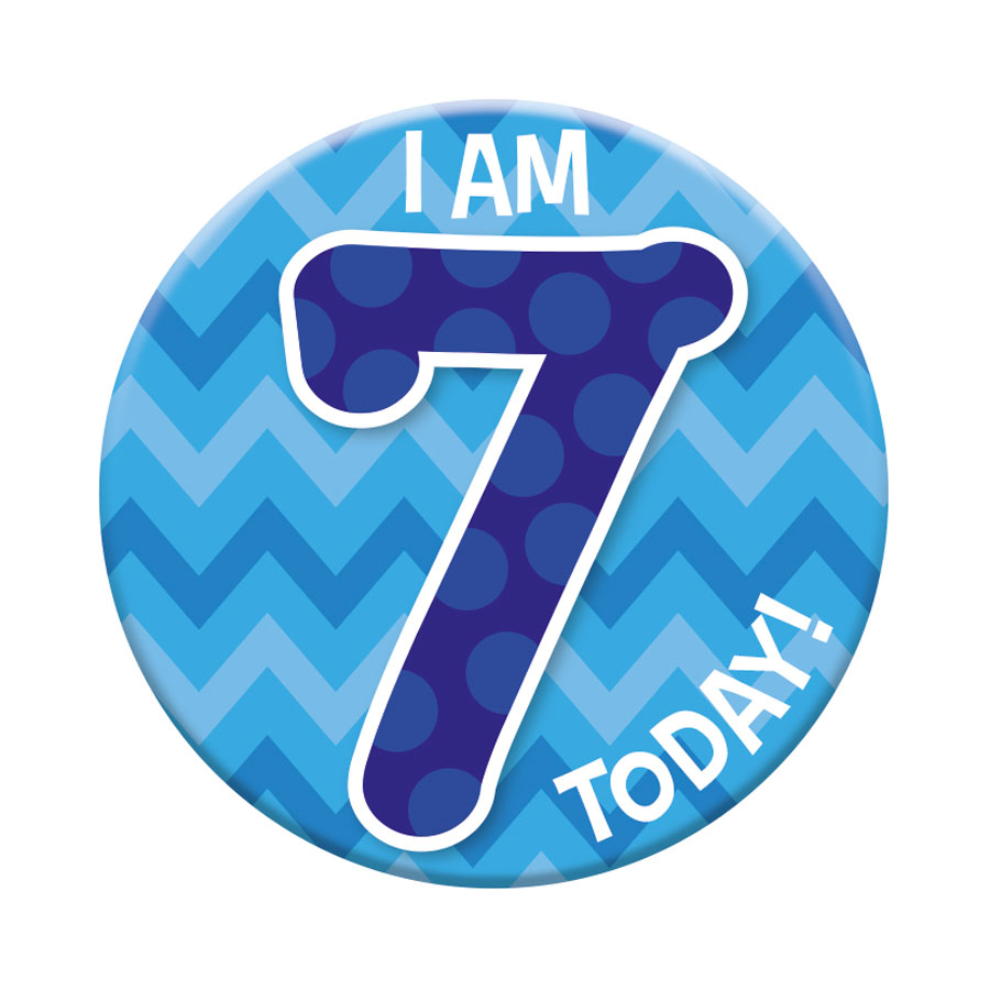 Six small birthday badges with age 7 design by Tiger Feet, featuring colorful and festive graphics for celebrating a seventh birthday.