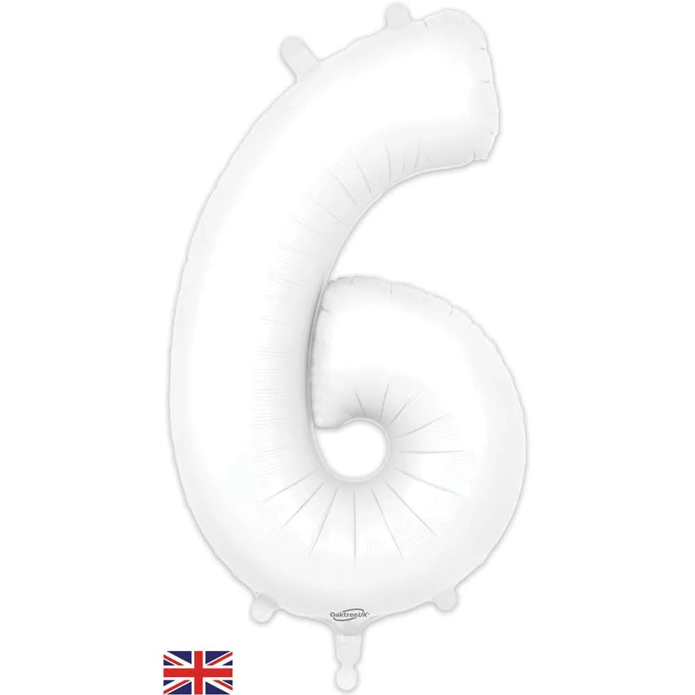Oaktree white foil balloon in the shape of the number 6, 34 inches tall, suitable for celebrations and decorations