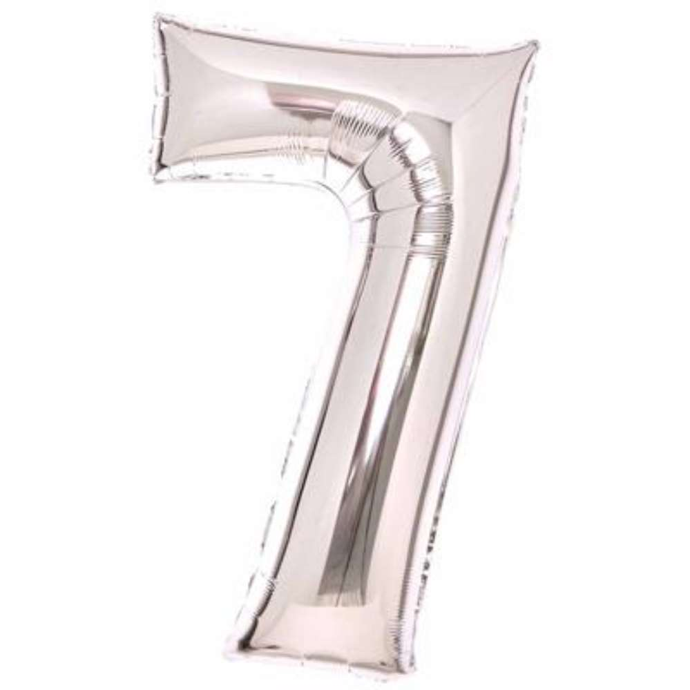 Silver 34-inch Anagram foil balloon shaped as the number 7, perfect for celebrations and decorations.