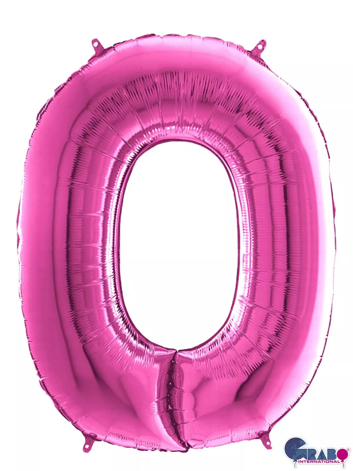 Pink 26-inch Grabo foil number 0 balloon inflated and floating against a plain background.