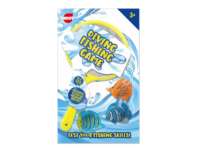 Colorful diving fishing game toy by Gem Imports featuring small fishing rods and floating fish targets for kids.