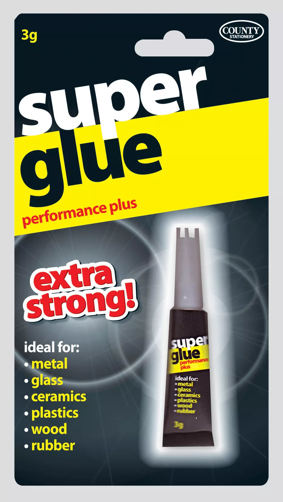 Super Glue 3g tube from County Stationery, showing the clear adhesive and applicator tip for quick bonding.