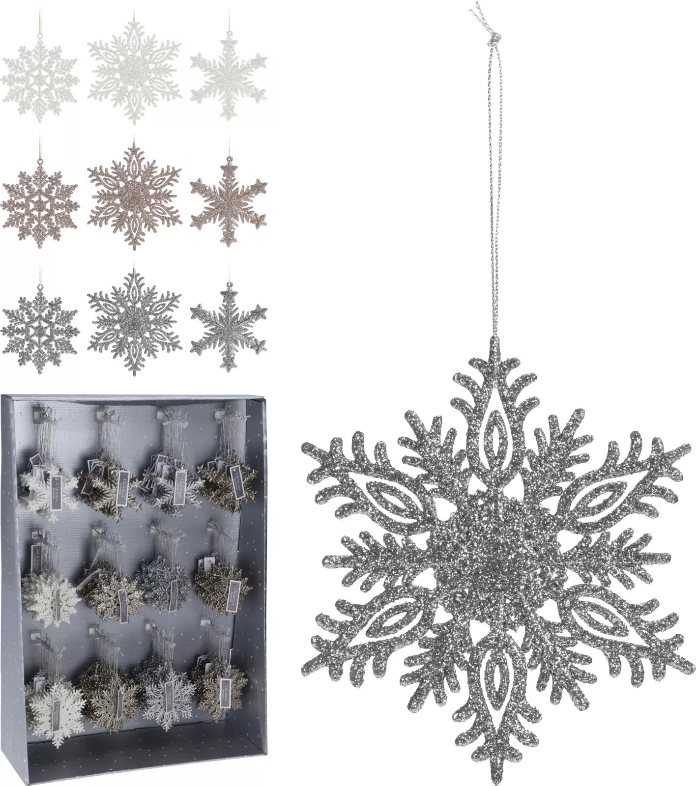 Set of 144 Koopman hanging snowflakes decorations, 10cm, for home decor, featuring intricate snowflake designs for festive interiors.