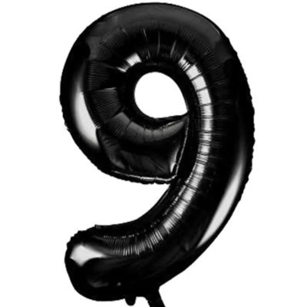 Unique Foil Balloon Black 34-inch Number 9, shiny foil birthday balloon with bold black color and large numeral design.