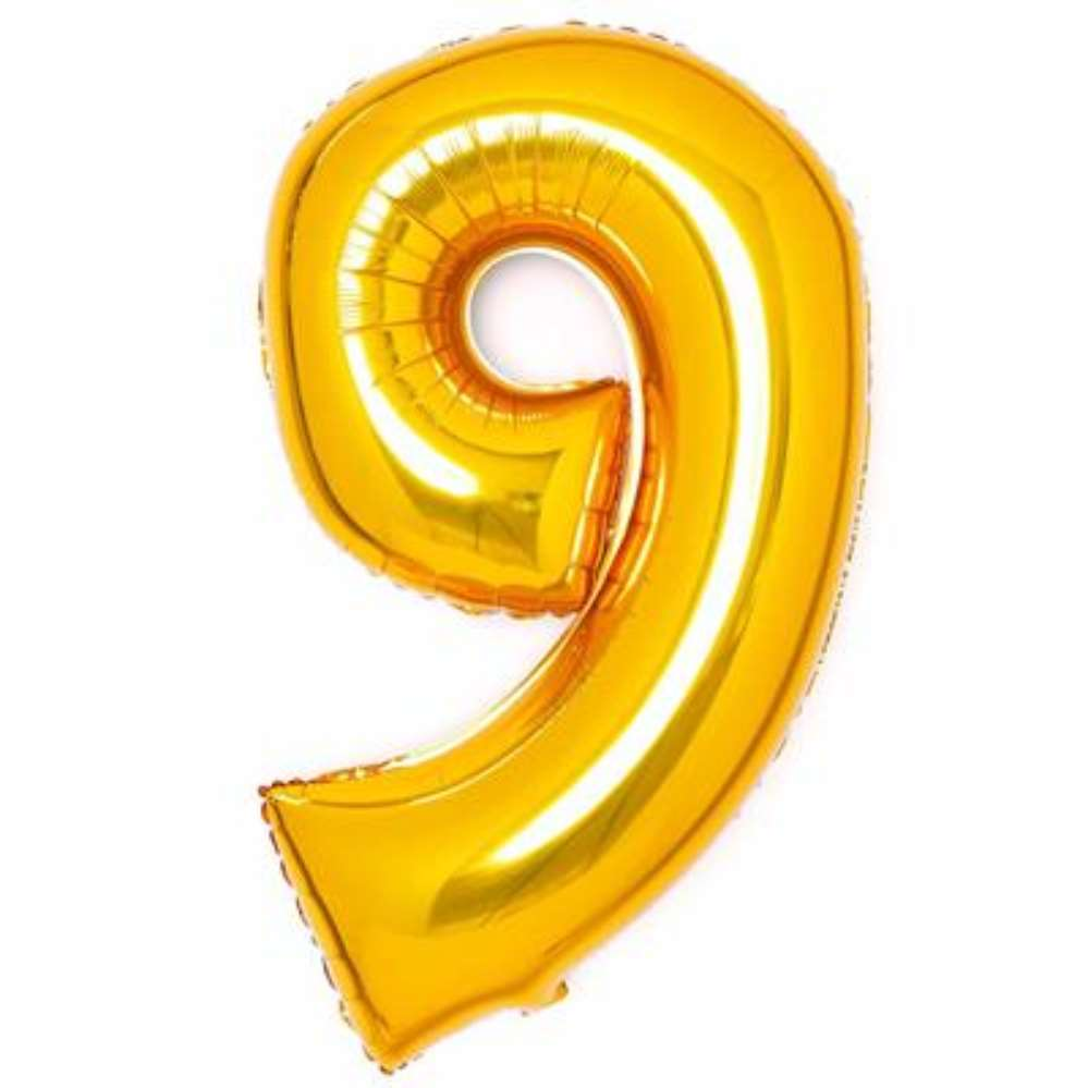 Gold Anagram foil balloon shaped as the number 9, 34 inches tall, perfect for celebrations and special occasions.