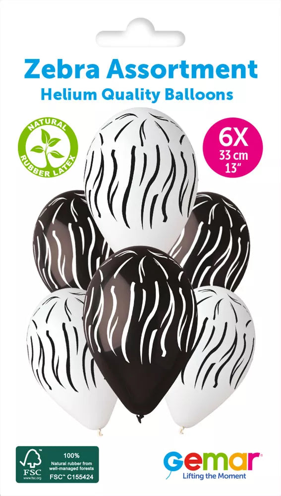 Gemar Zebra Assorted 13-inch latex printed balloons in a pack, featuring zebra stripe designs for party decoration.