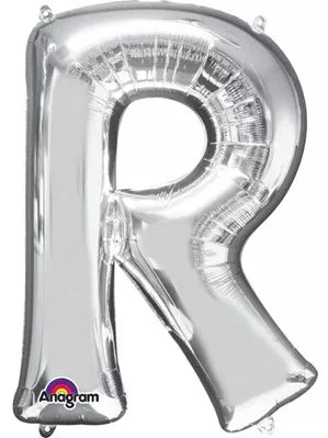 Silver 34-inch Anagram foil balloon in the shape of the letter R, shiny metallic surface, designed for celebrations and parties.