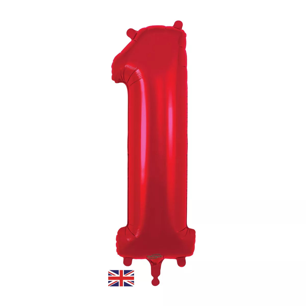 Red Oaktree foil balloon in the shape of number 1, 34 inches tall, with shiny metallic finish and festive design.