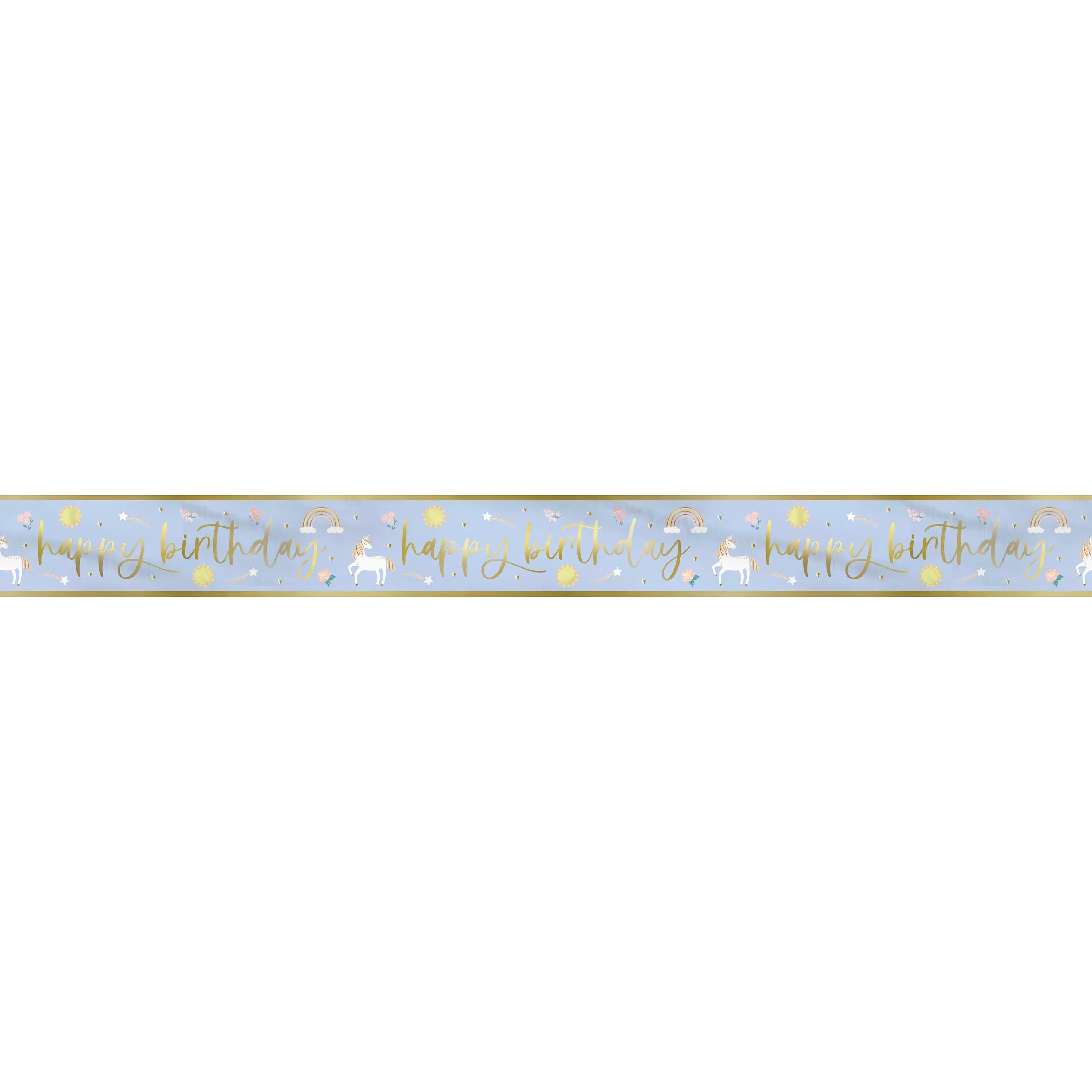 Unique Dainty Unicorn Foil Banner, 9ft long, featuring colorful unicorn and star designs for celebration decorations.